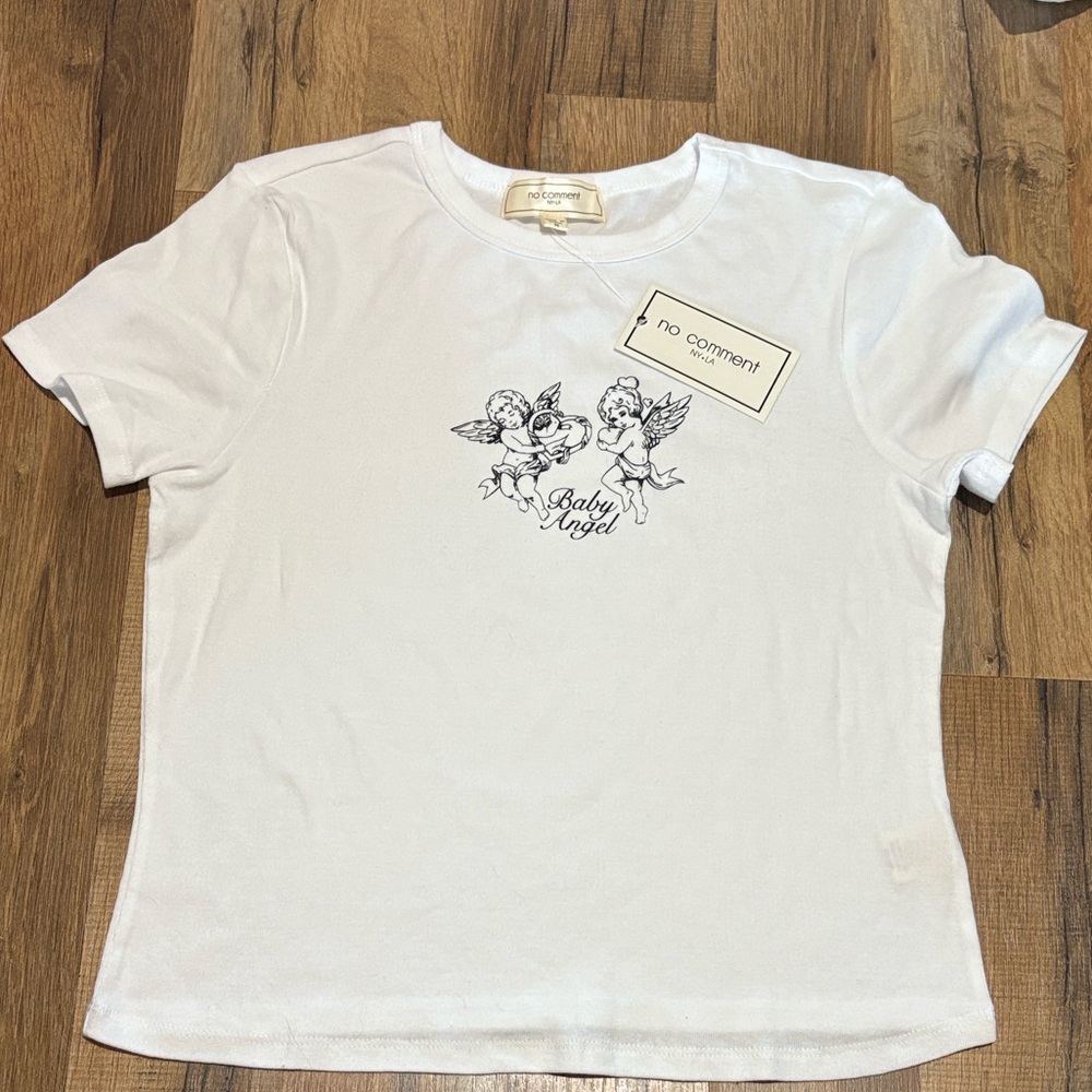 White Baby Angel Graphic Crop Top – No Comment – Medium – NWT New With Tags